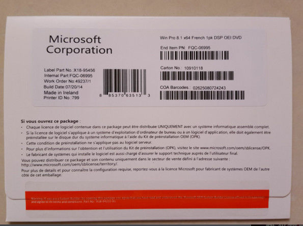 Hayat boyu garanti ile Fransız win8.1 32 &amp; 64 Bit İngilizce Microsoft Windows 8.1 oem Paketi