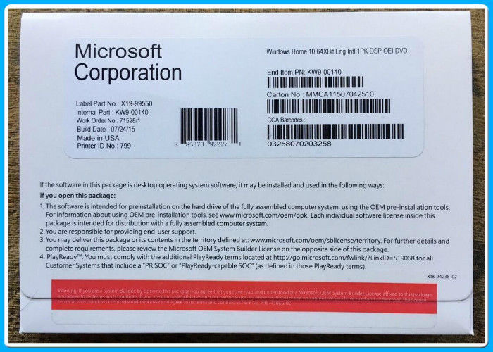 Microsoft Windows 10 Pro Yazılımı Ev 32bit 64 Bit DVD oem paketi, win10 home Geniune lisansı